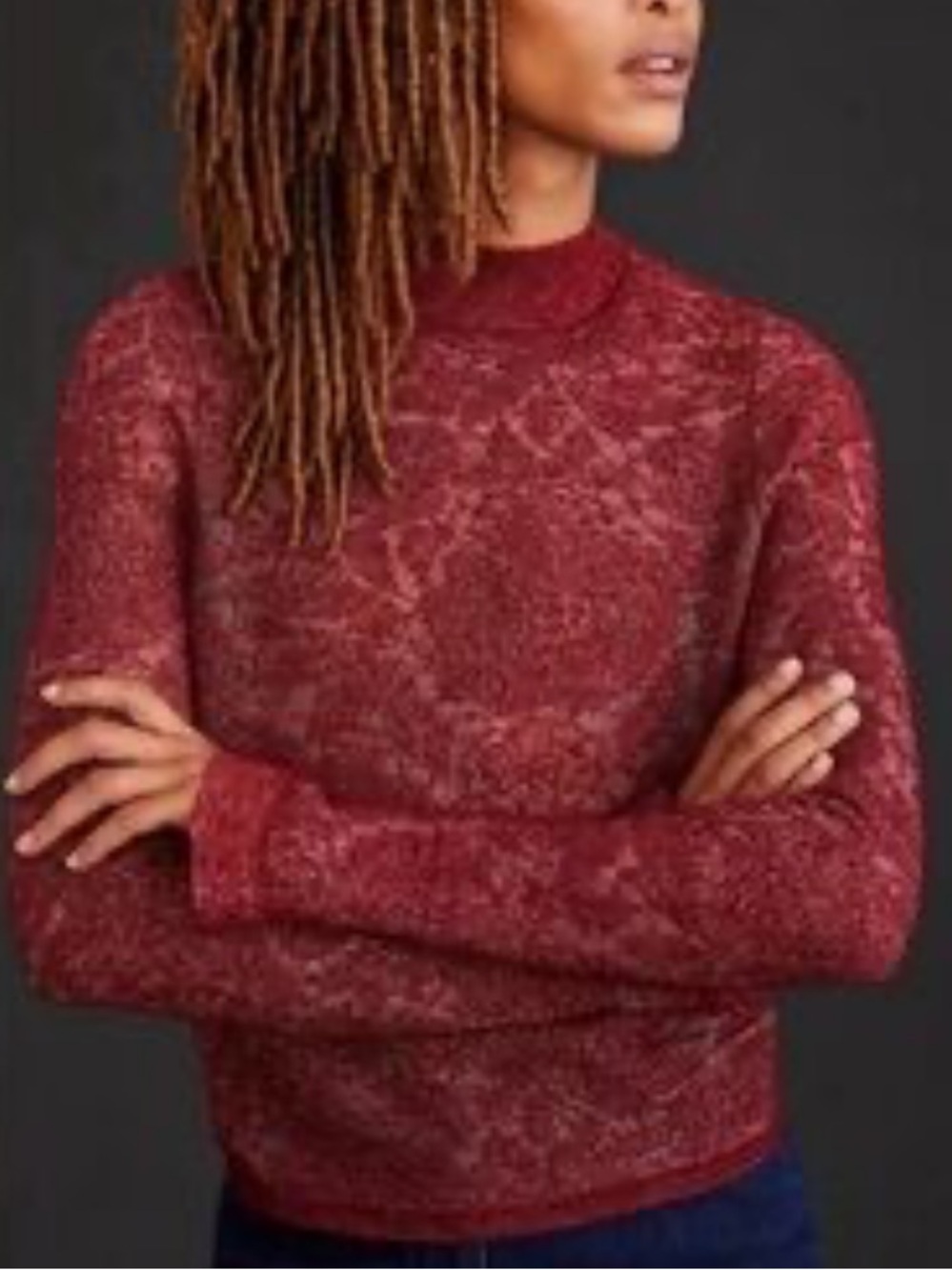 Anthropologie Hanna Lace Merino Wool Blend Mock Neck Sweater Size Medium Cherry